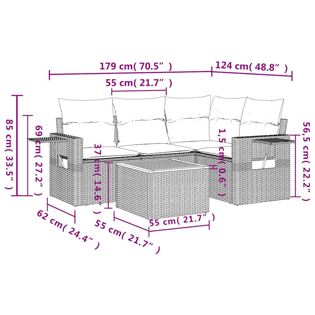 5-teiliges Gartensofa-Set mit Kissen, schwarzes Polyrattan