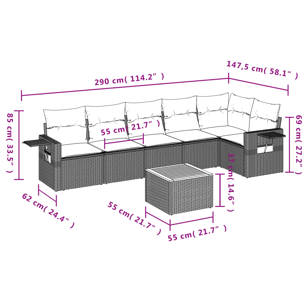 7-teiliges Gartensofa-Set mit Kissen, grau, Polyrattan