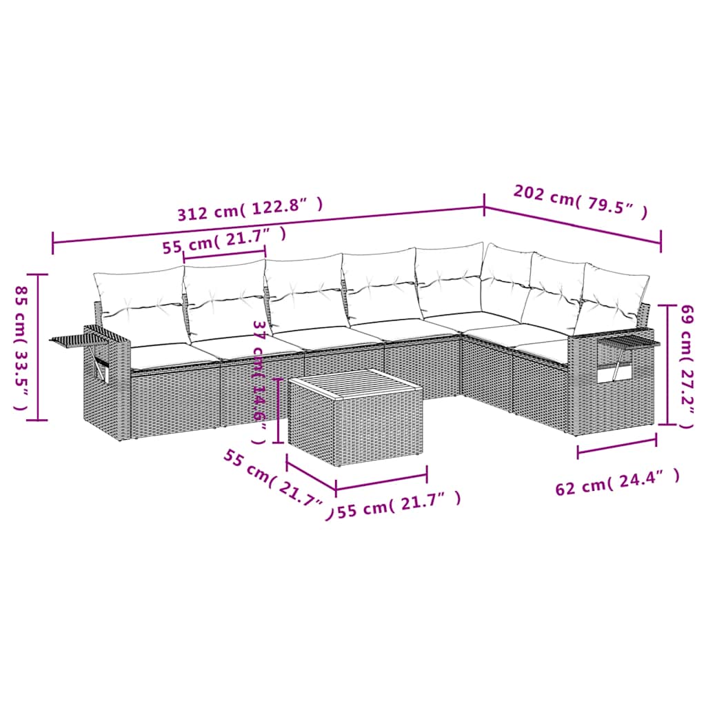8-teiliges Gartensofa-Set mit Kissen, grau, Polyrattan