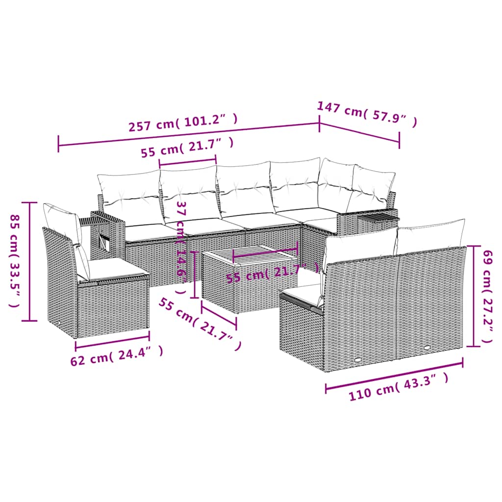 9-teiliges Gartensofa-Set mit Kissen, schwarzes Polyrattan