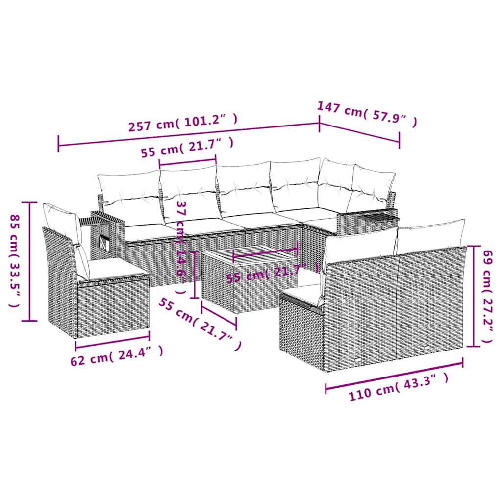 9-teiliges Gartensofa-Set mit Kissen, grau, Polyrattan