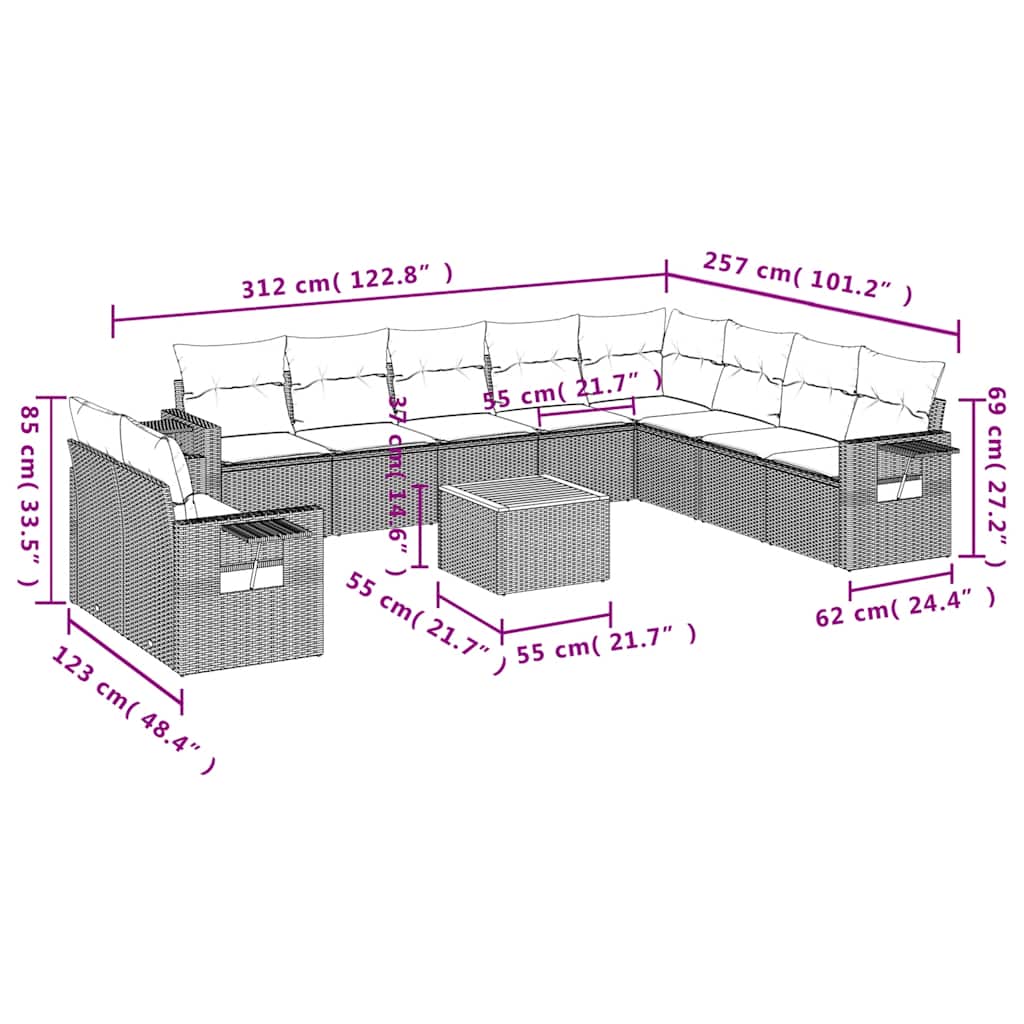 11-teiliges Gartensofa-Set mit Kissen, schwarzes Polyrattan