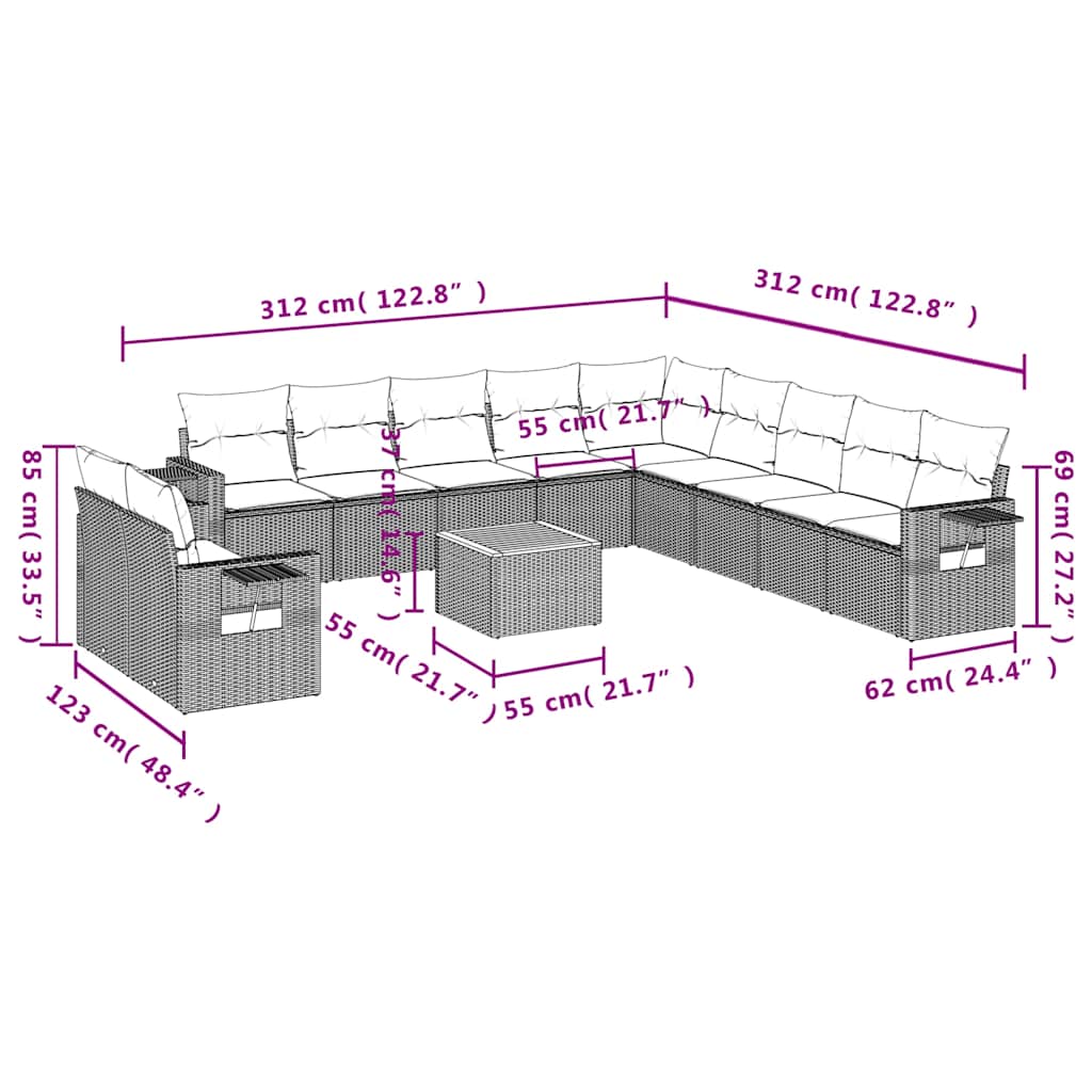 12-teiliges Gartensofa-Set mit Kissen, schwarzes Polyrattan