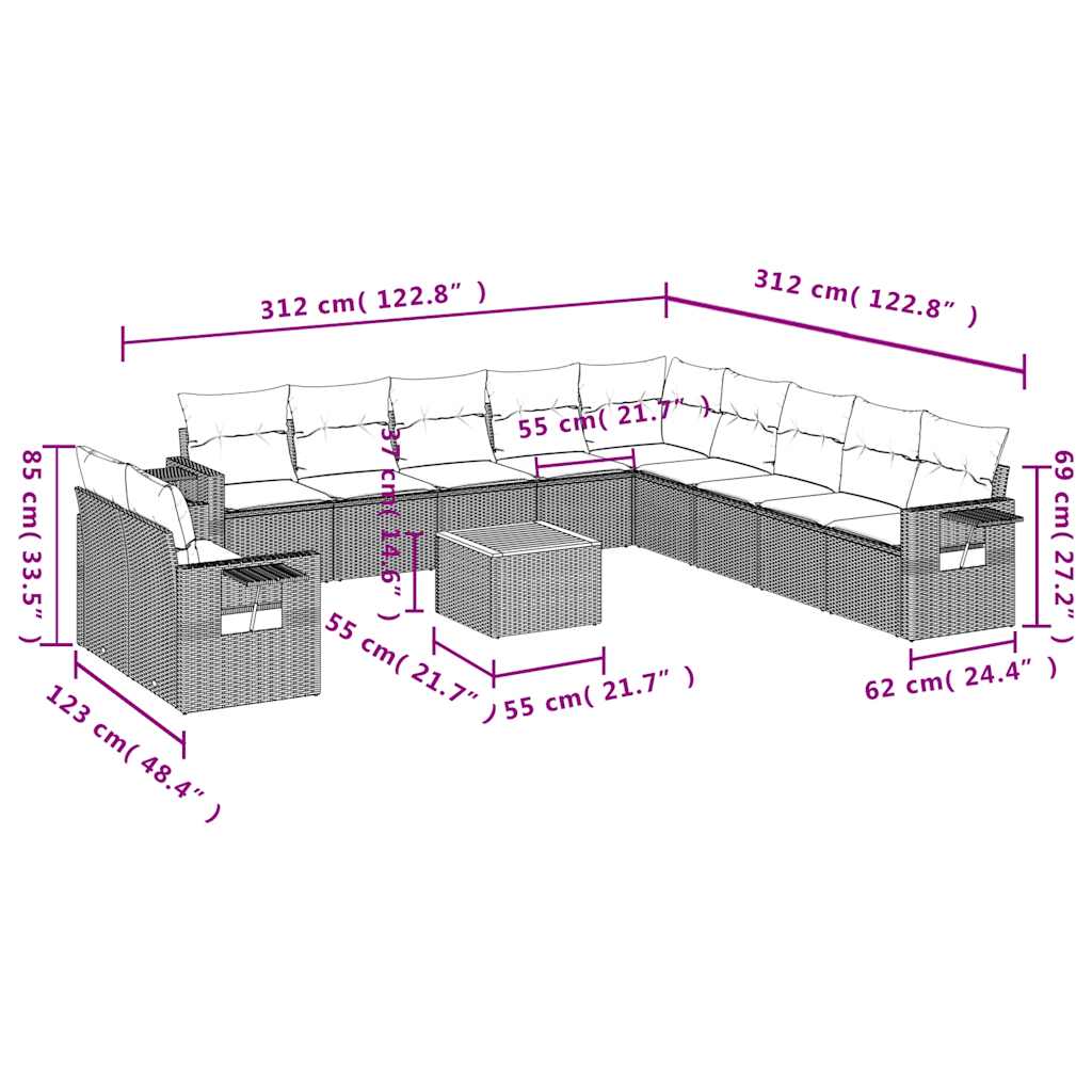 12-teiliges Gartensofa-Set mit Kissen, grau, Polyrattan