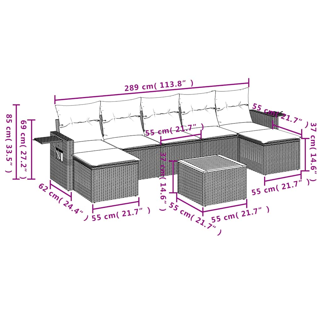 8-teiliges Gartensofa-Set mit Kissen, schwarzes Polyrattan