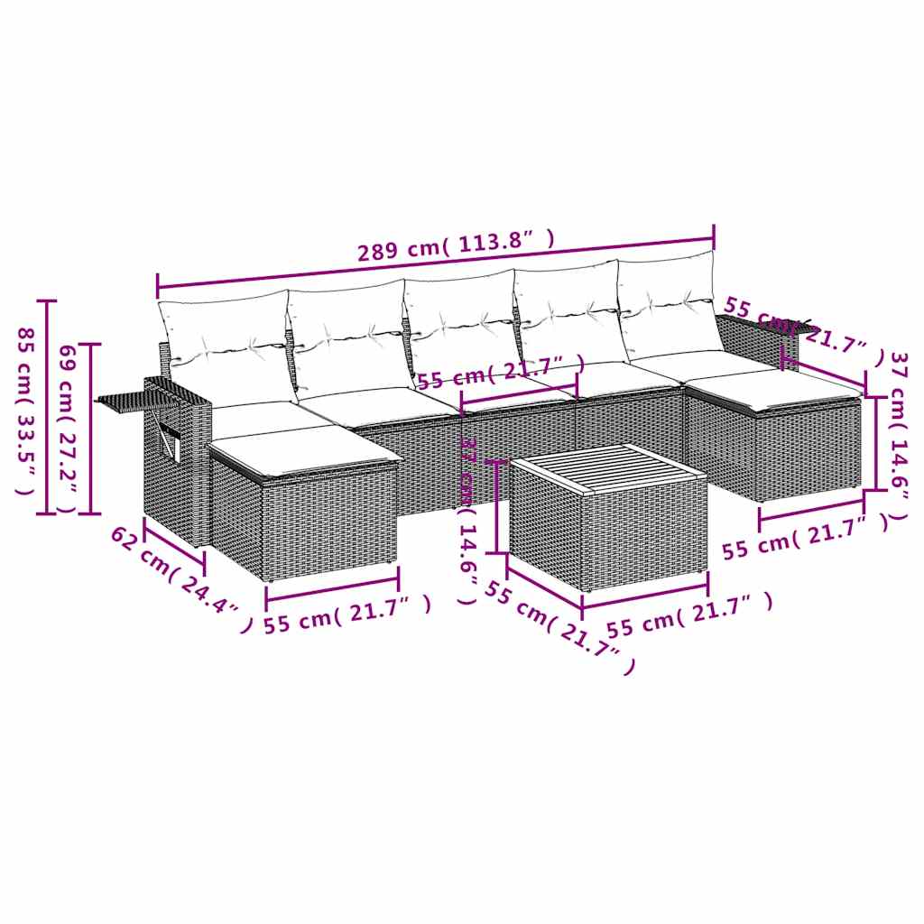 8-teiliges Gartensofa-Set mit Kissen, grau, Polyrattan