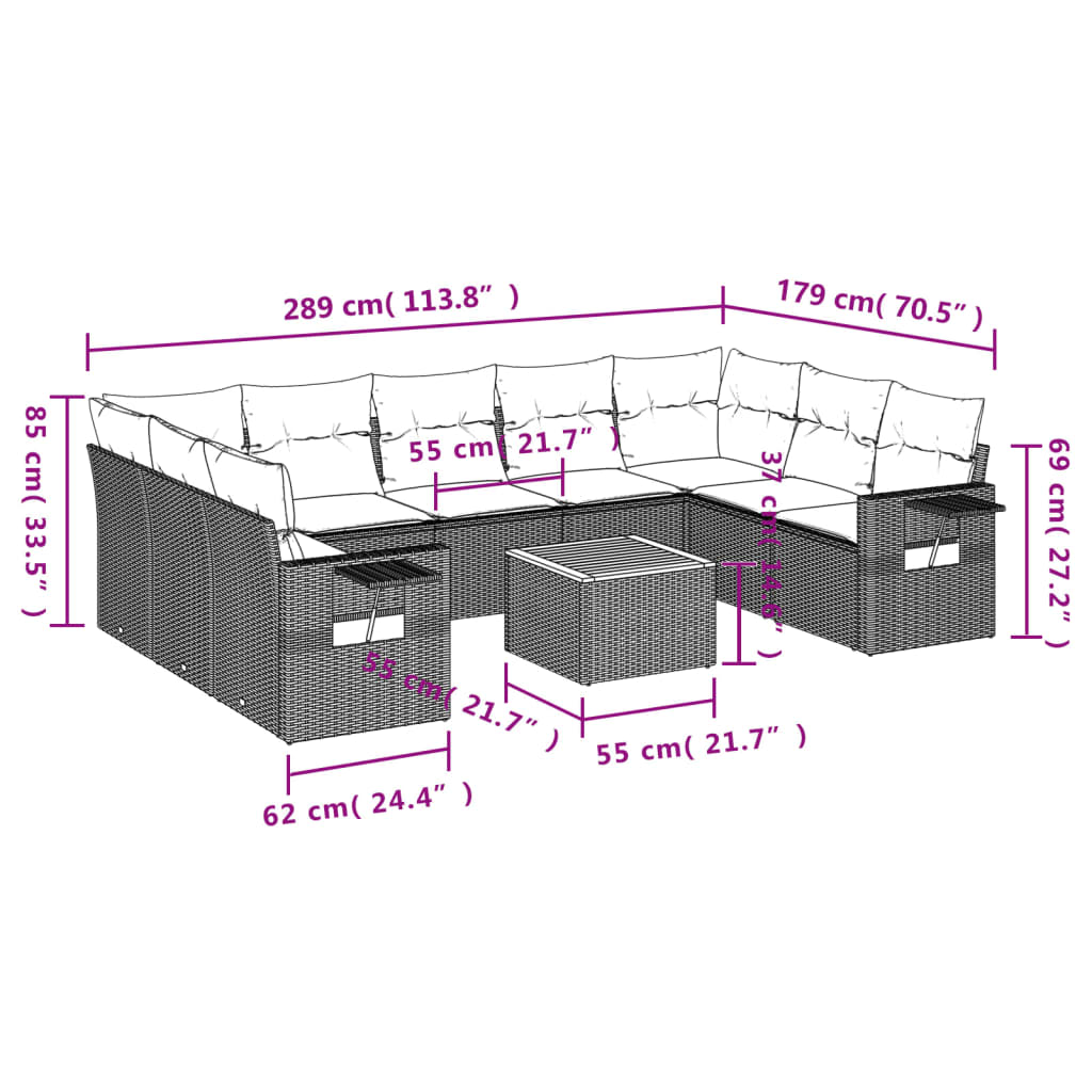 10-teiliges Gartensofa-Set mit Kissen, schwarzes Polyrattan