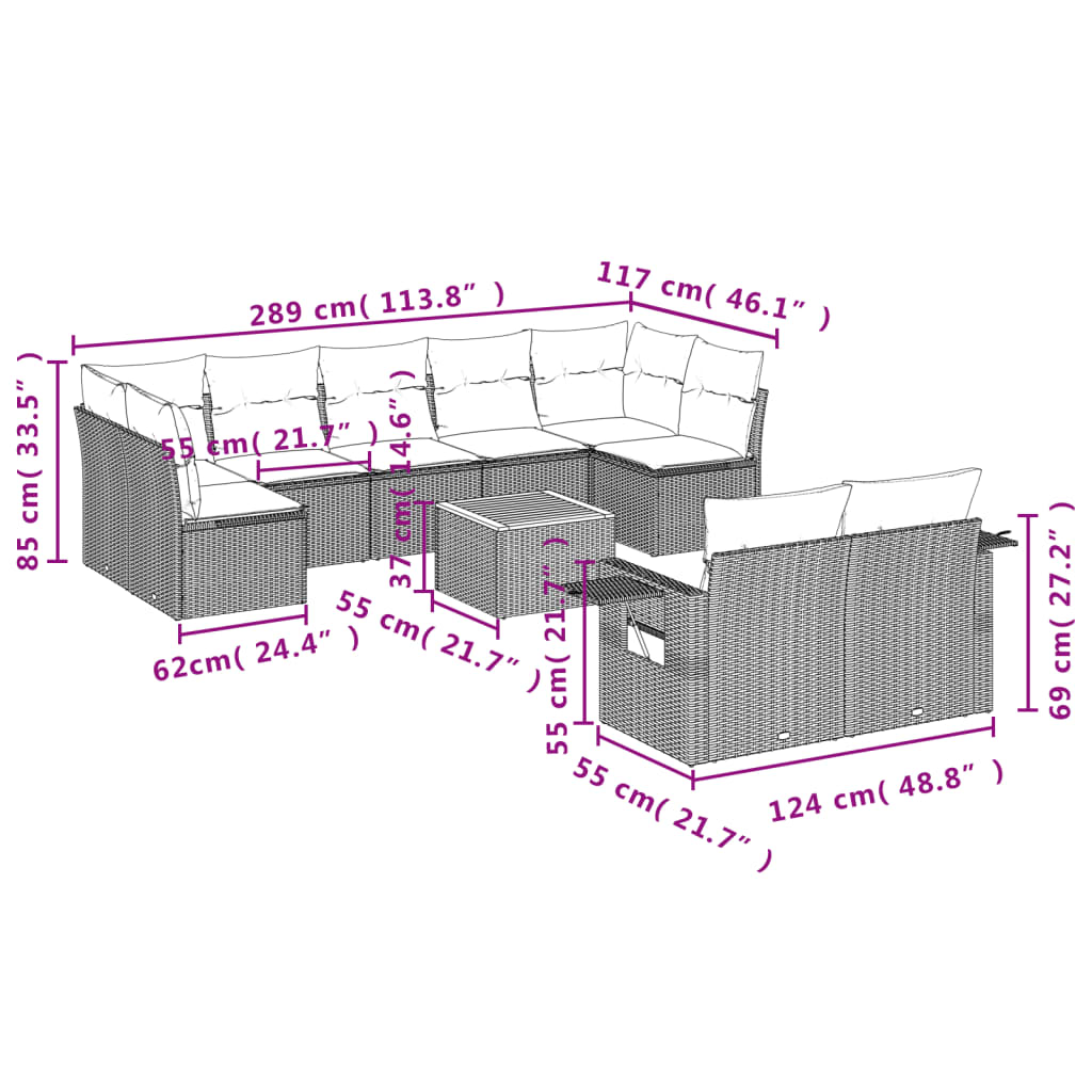 10-teiliges Gartensofa-Set mit Kissen, schwarzes Polyrattan
