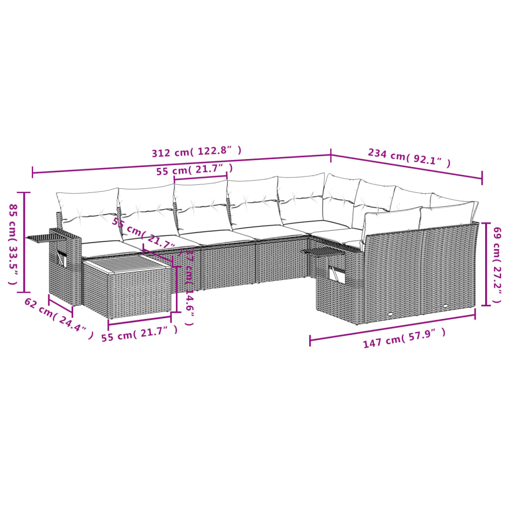 10-teiliges Gartensofa-Set mit Kissen, schwarzes Polyrattan