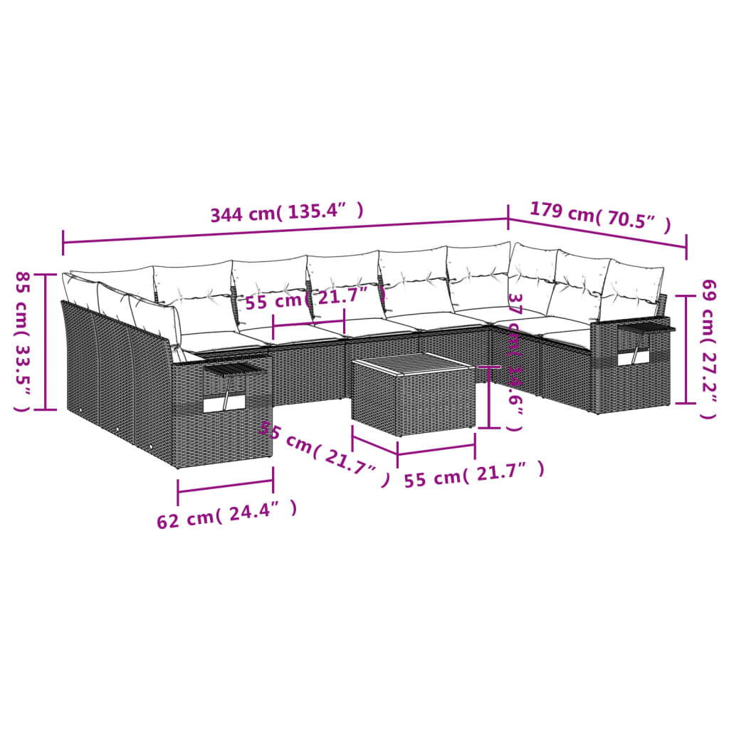 11-teiliges Gartensofa-Set mit Kissen, grau, Polyrattan