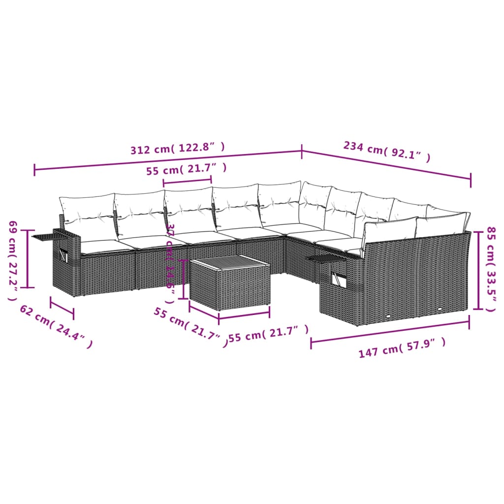 11-teiliges Gartensofa-Set mit Kissen, schwarzes Polyrattan