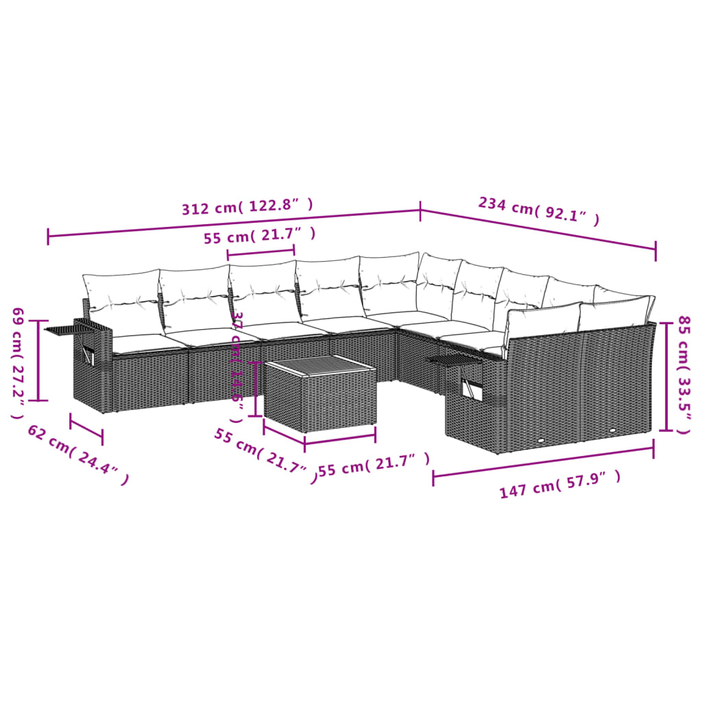 11-teiliges Gartensofa-Set mit Kissen, grau, Polyrattan