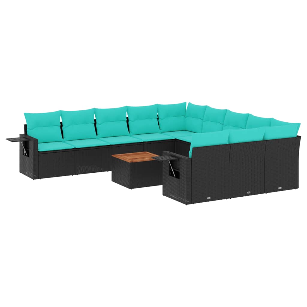 12-teiliges Gartensofa-Set mit Kissen, schwarzes Polyrattan