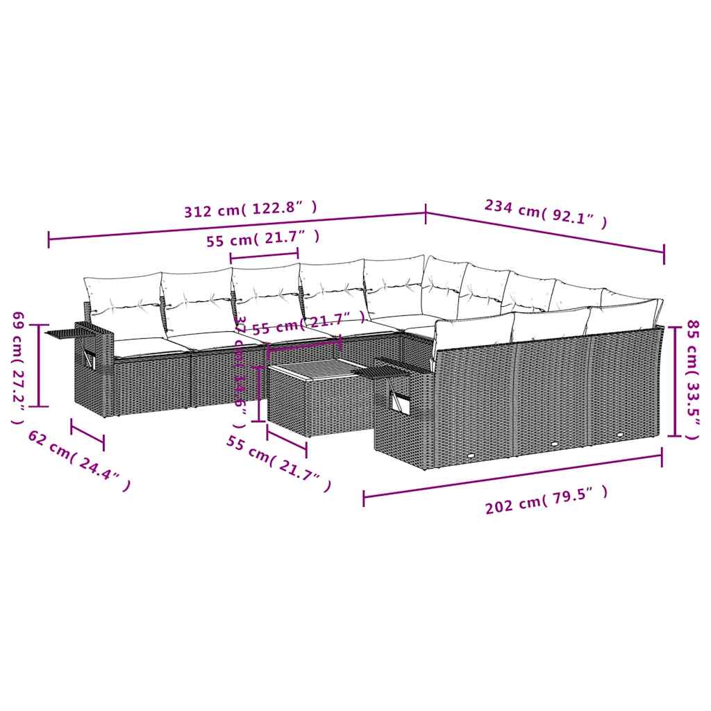 12-teiliges Gartensofa-Set mit Kissen, schwarzes Polyrattan