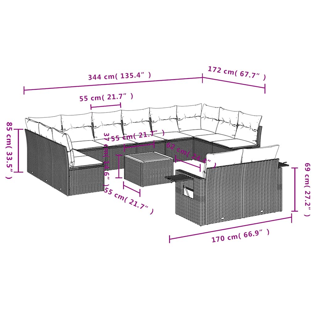 13-teiliges Gartensofa-Set mit Kissen, grau, Polyrattan