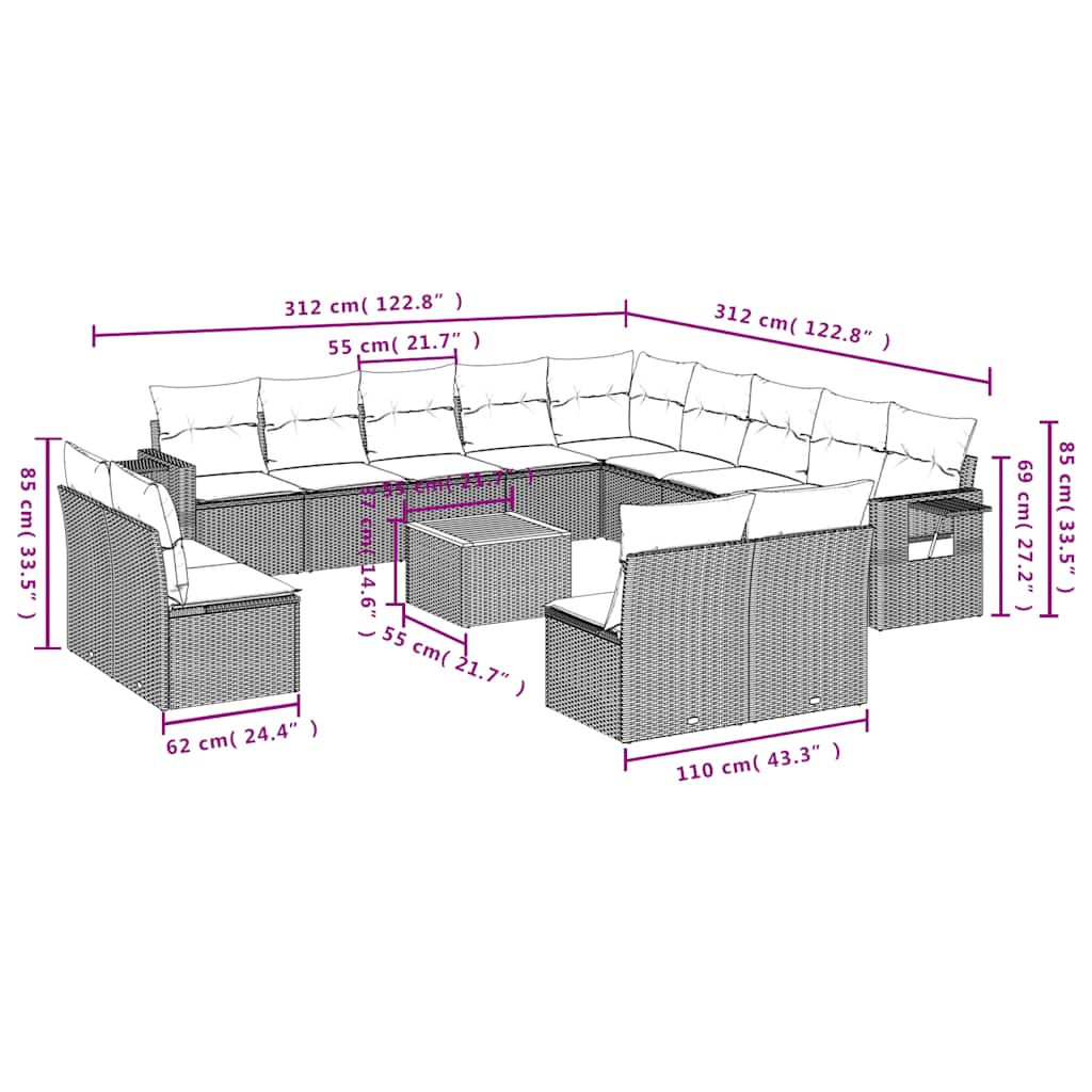 14-teiliges Gartensofa-Set mit Kissen, grau, Polyrattan