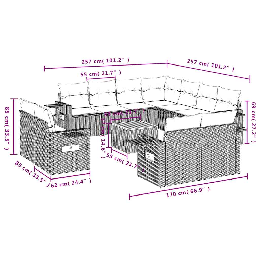 12-teiliges Gartensofa-Set mit Kissen, schwarzes Polyrattan