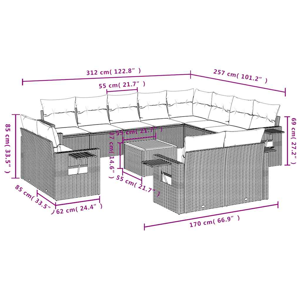 13-teiliges Gartensofa-Set mit Kissen, schwarzes Polyrattan