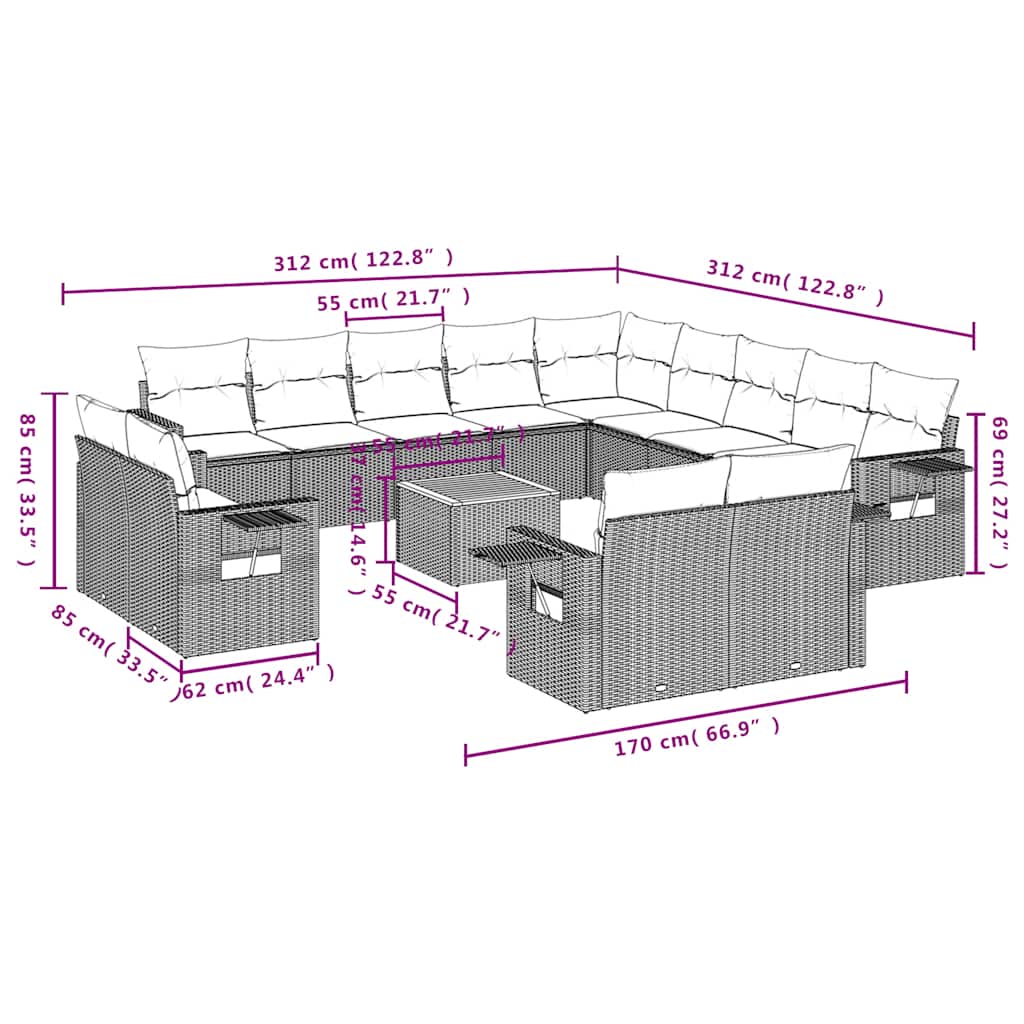 14-teiliges Gartensofa-Set mit Kissen, grau, Polyrattan