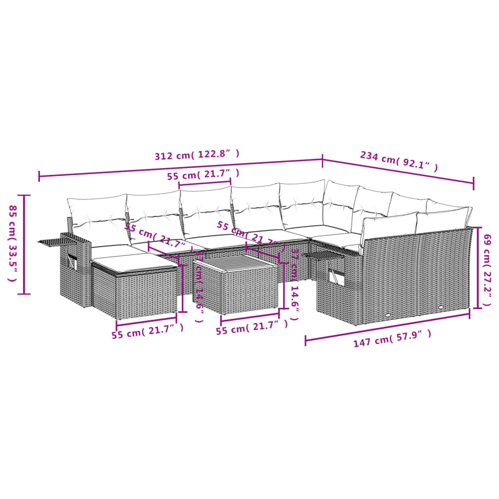 11-tlg. Garten-Sofagarnitur mit Kissen Grau Poly Rattan
