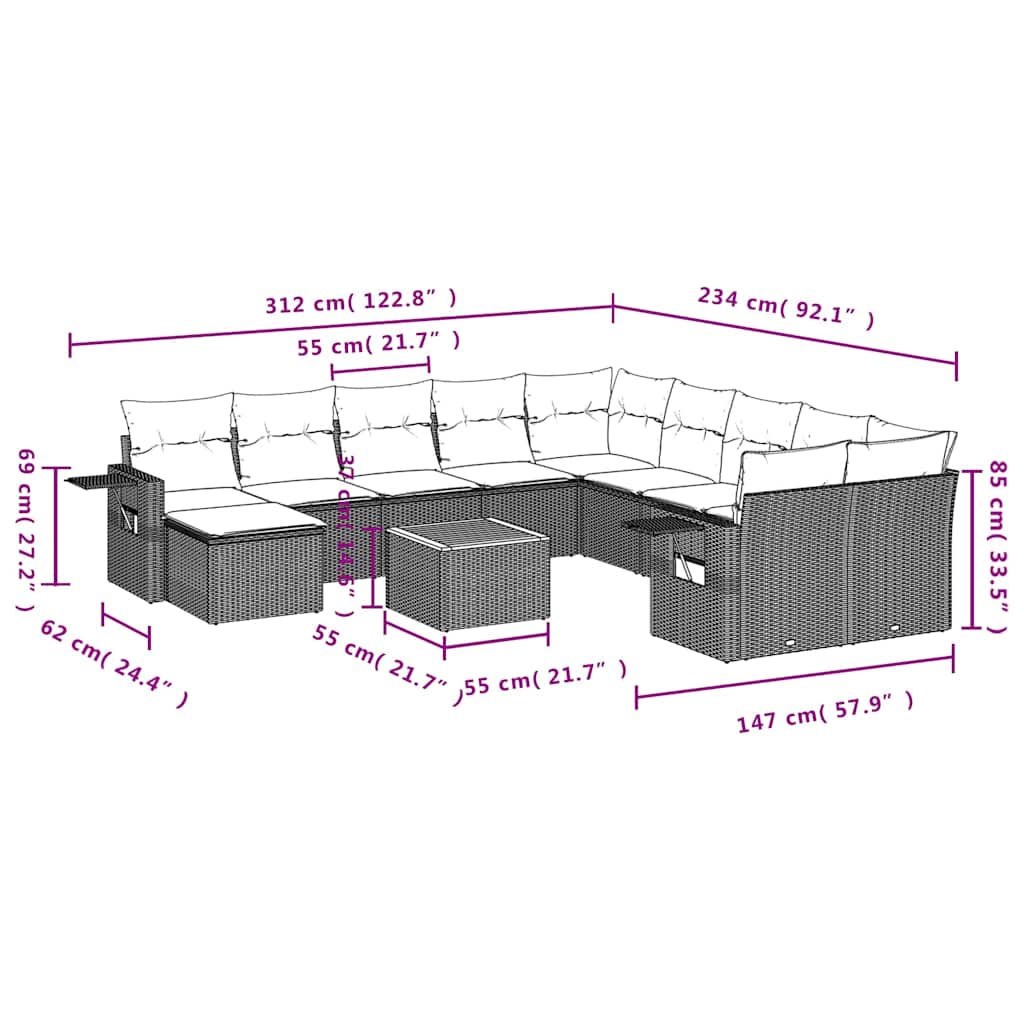 12-teiliges Gartensofa-Set mit Kissen, schwarzes Polyrattan