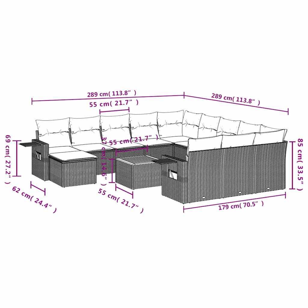13-teiliges Gartensofa-Set mit Kissen, schwarzes Polyrattan