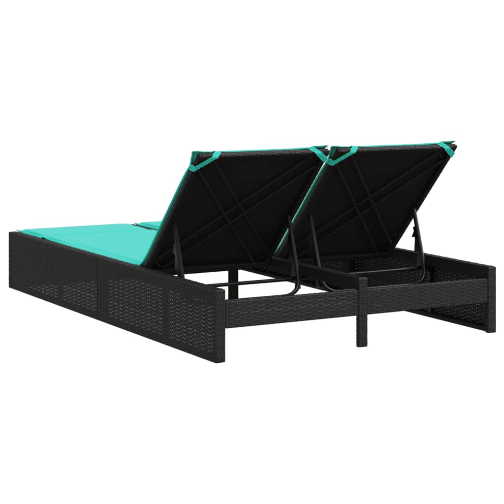 Doppel-Sonnenliege mit Kissen Schwarz Poly Rattan