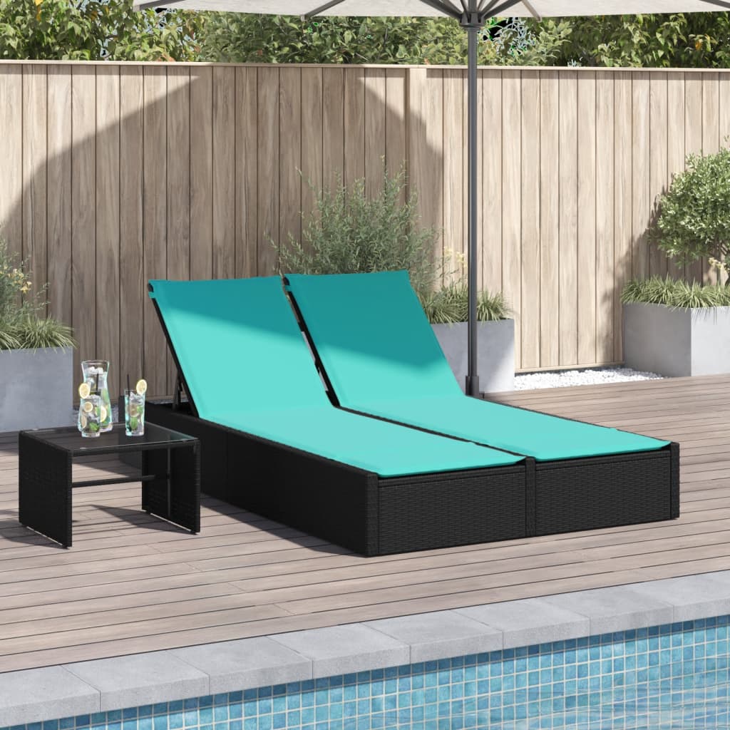 Doppel-Sonnenliege mit Kissen Schwarz Poly Rattan