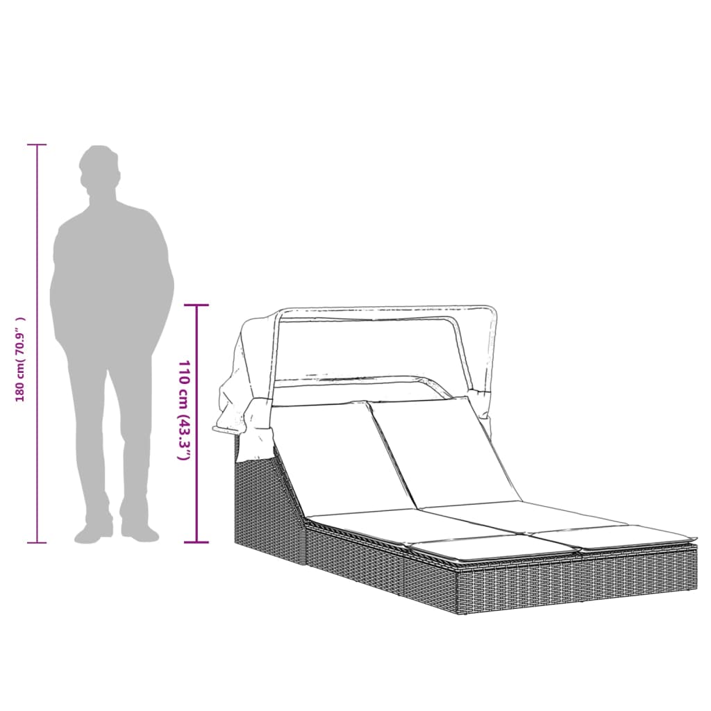 Doppelte Sonnenliege mit Baldachin und Kissen, schwarzes Polyrattan