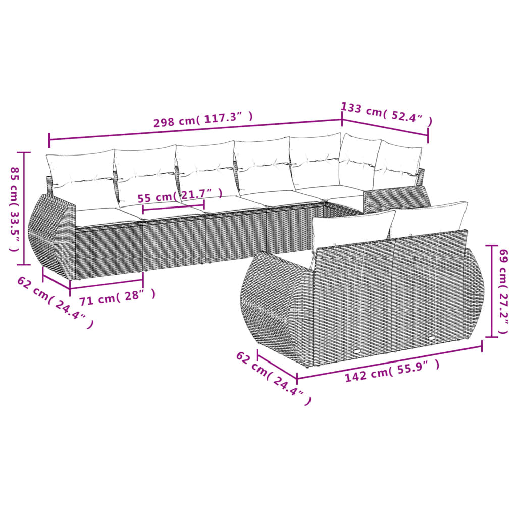 8-teiliges Gartensofa-Set mit Kissen, grau, Polyrattan