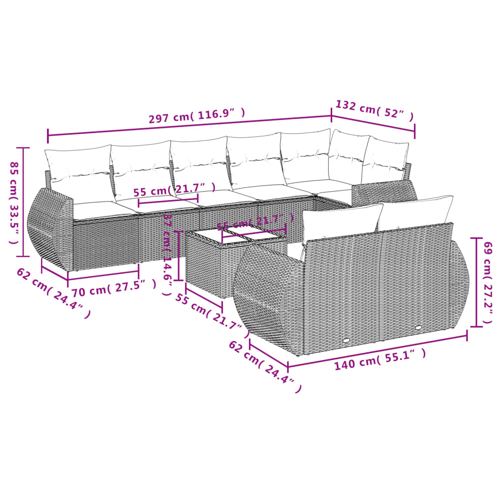 9-teiliges Gartensofa-Set mit Kissen, grau, Polyrattan