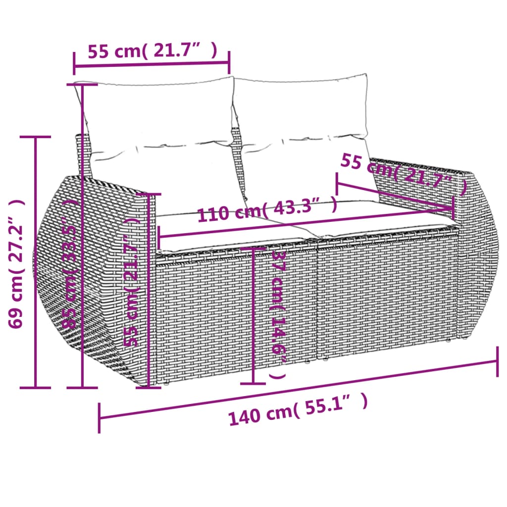 8-teiliges Gartensofa-Set mit Kissen, schwarzes Polyrattan