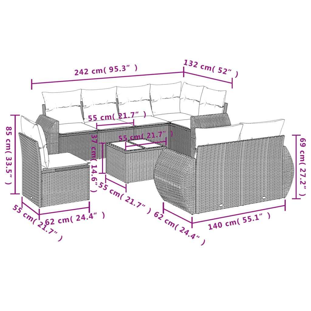 9-teiliges Gartensofa-Set mit Kissen, grau, Polyrattan