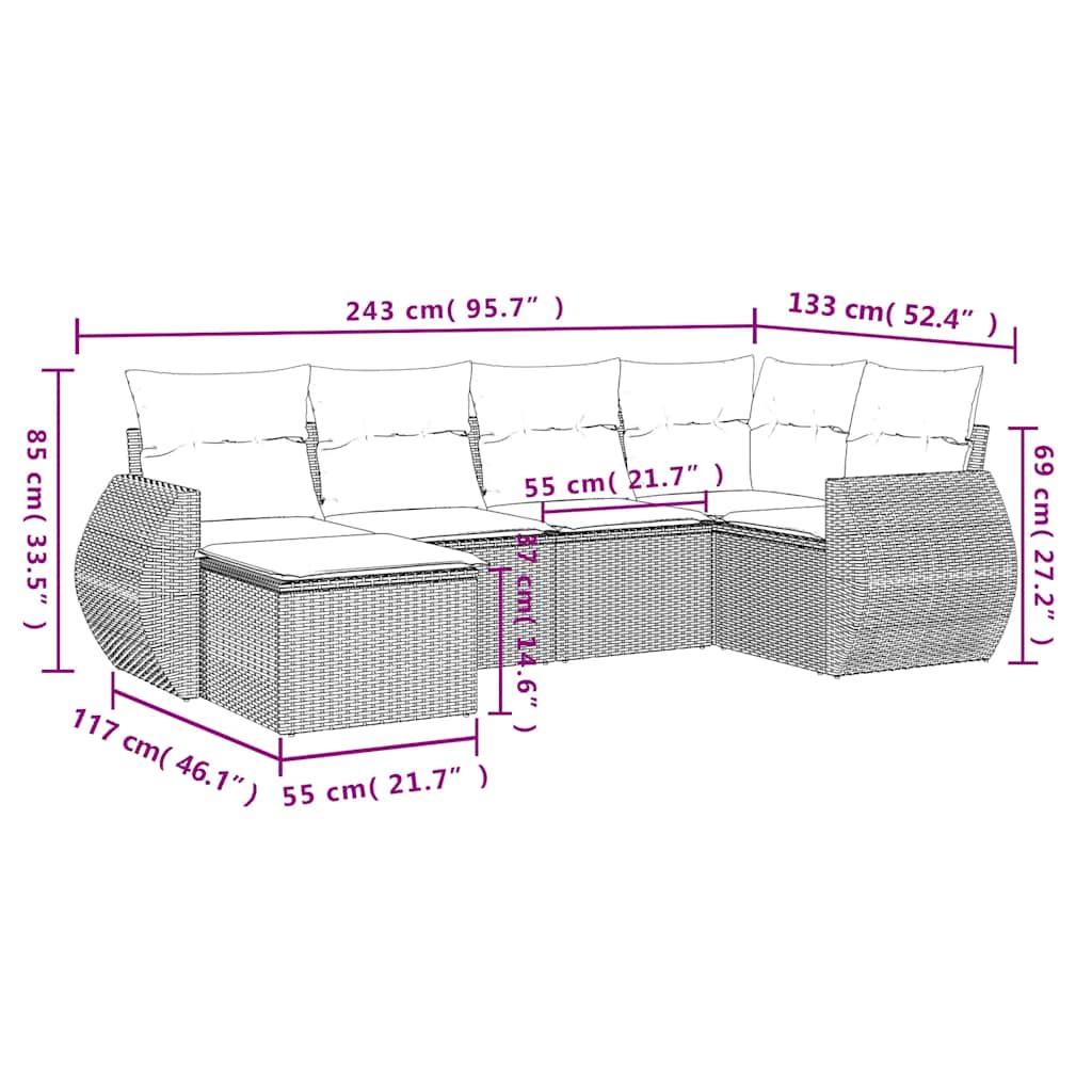 6-tlg. Garten-Sofagarnitur mit Kissen Hellgrau Poly Rattan