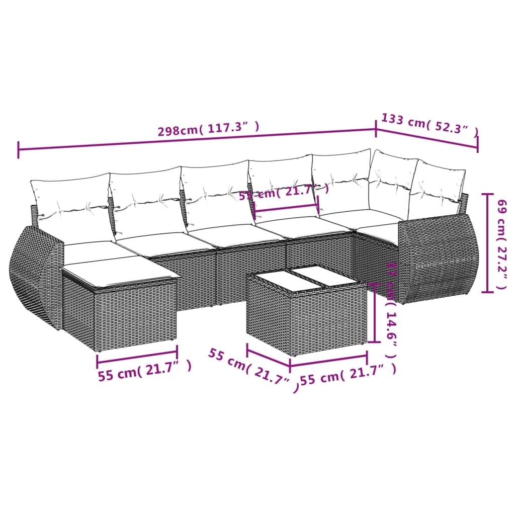 8-teiliges Gartensofa-Set mit Kissen, grau, Polyrattan