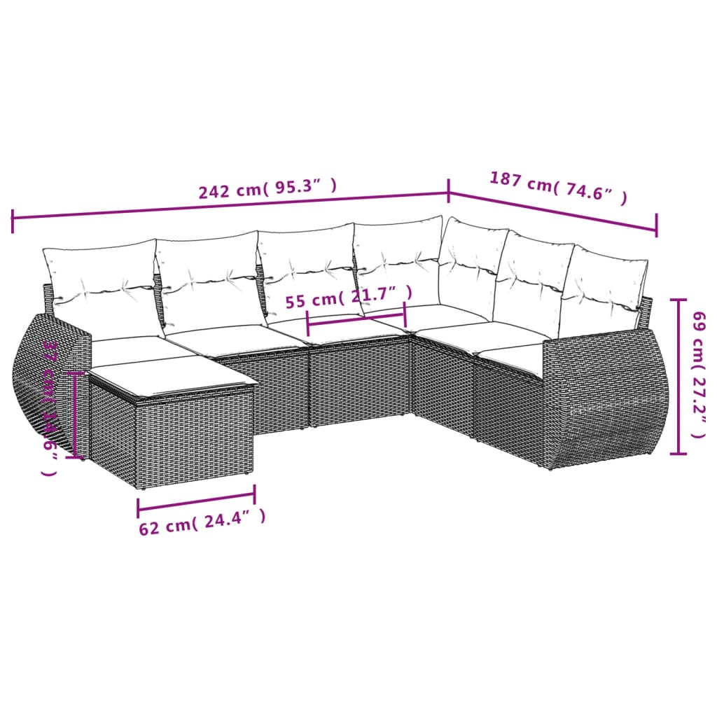7-teiliges Gartensofa-Set mit Kissen, grau, Polyrattan