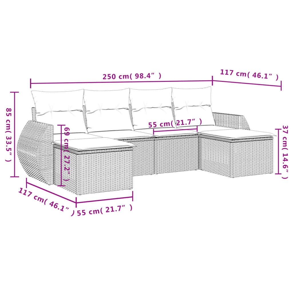 6-teiliges Gartensofa-Set mit Kissen, grau, Polyrattan