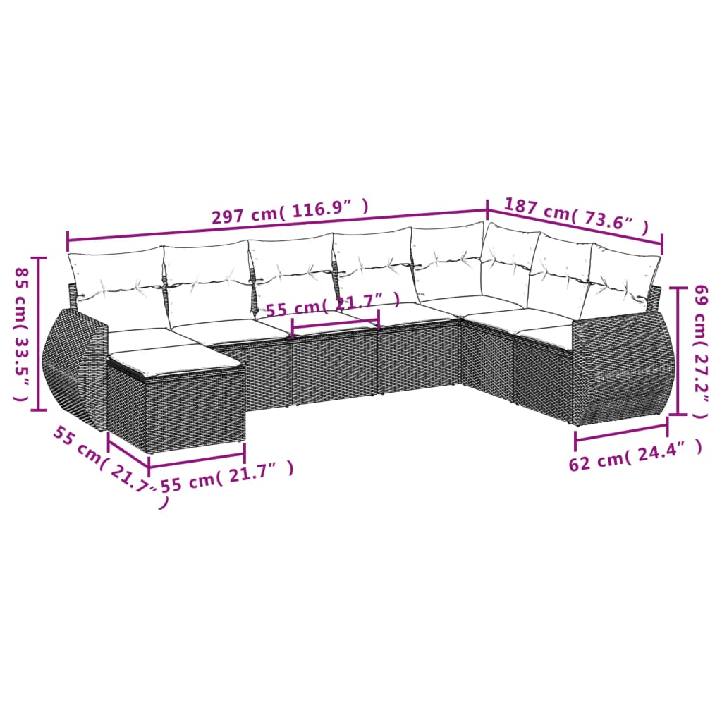 8-teiliges Gartensofa-Set mit Kissen, grau, Polyrattan
