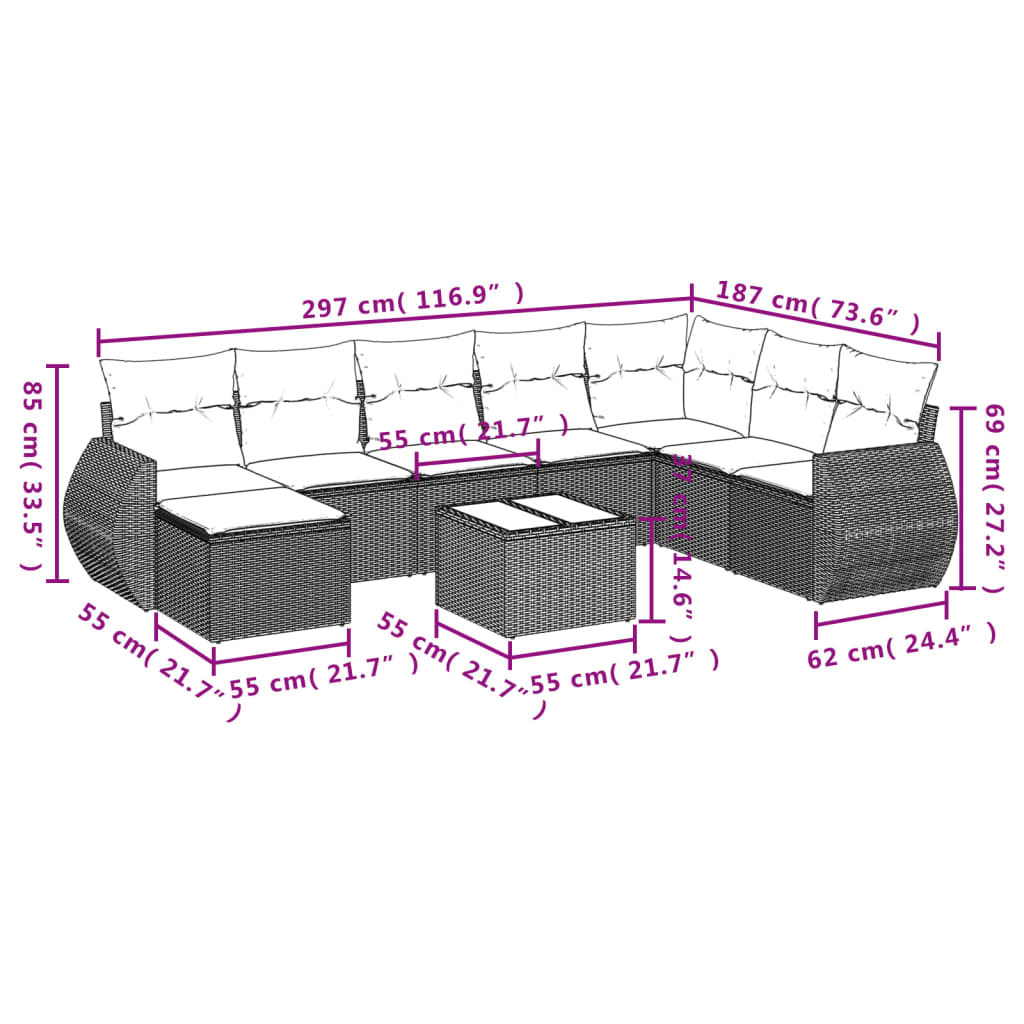 9-teiliges Gartensofa-Set mit Kissen, braun, Polyrattan