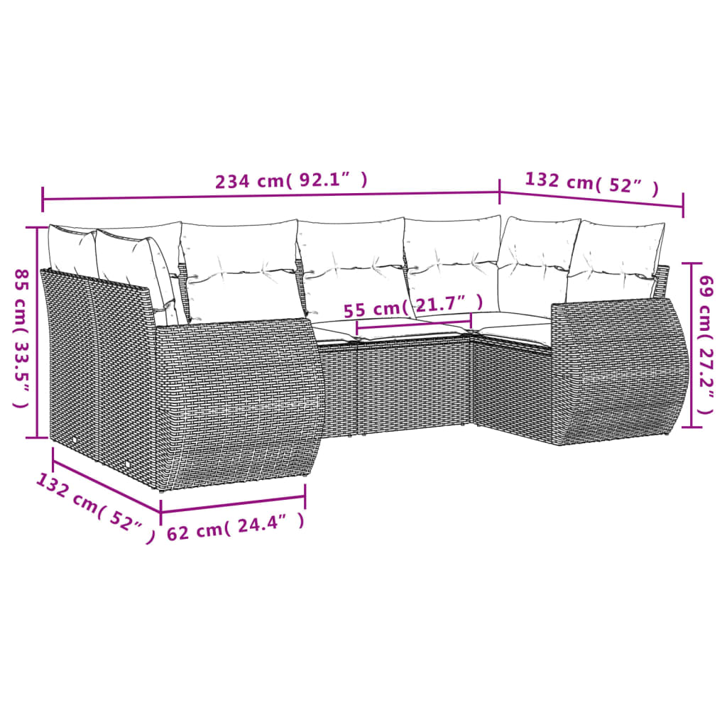 6-teiliges Gartensofa-Set mit Kissen, schwarzes Polyrattan
