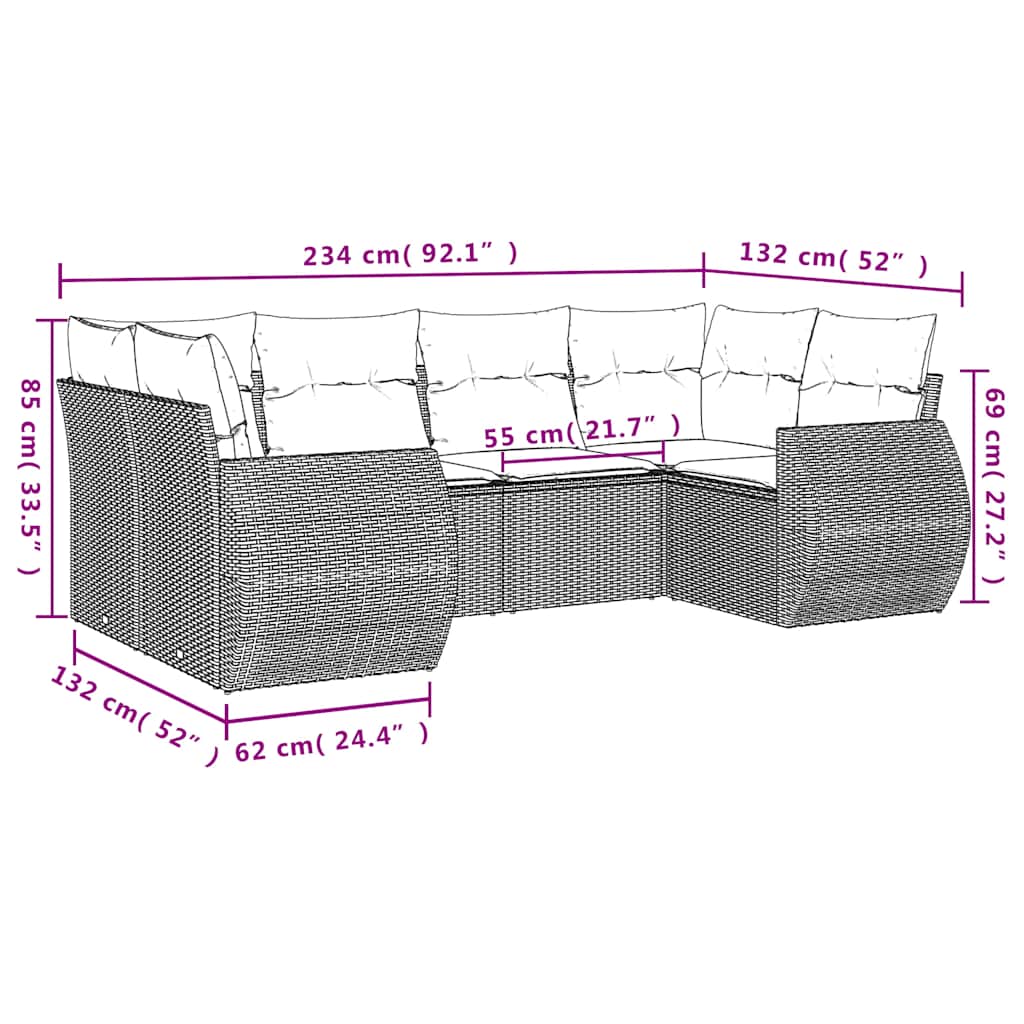 6-teiliges Gartensofa-Set mit Kissen, grau, Polyrattan