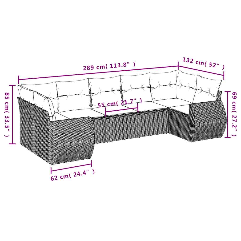 7-teiliges Gartensofa-Set mit Kissen, grau, Polyrattan