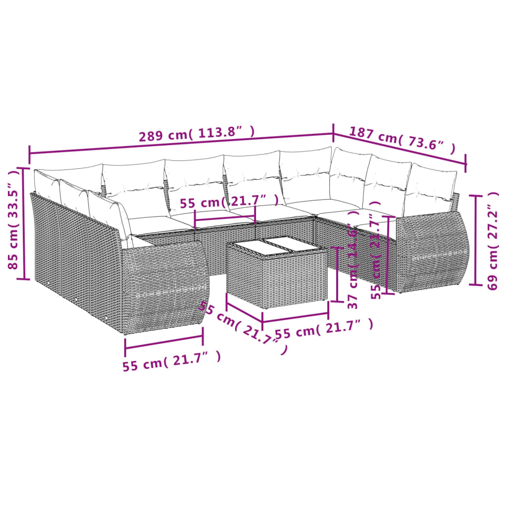 10-teiliges Gartensofa-Set mit Kissen, schwarzes Polyrattan