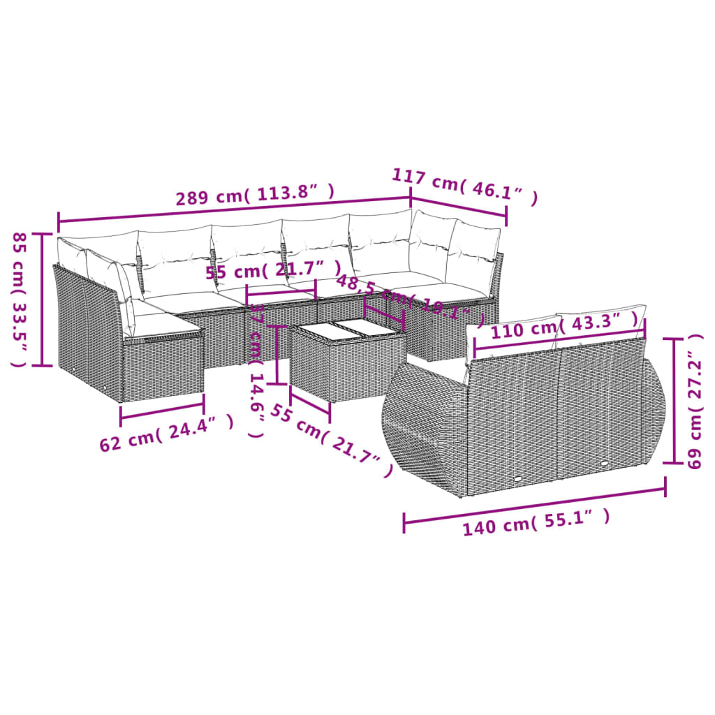 10-teiliges Gartensofa-Set mit Kissen, schwarzes Polyrattan