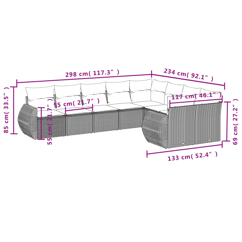 9-teiliges Gartensofa-Set mit Kissen, braun, Polyrattan