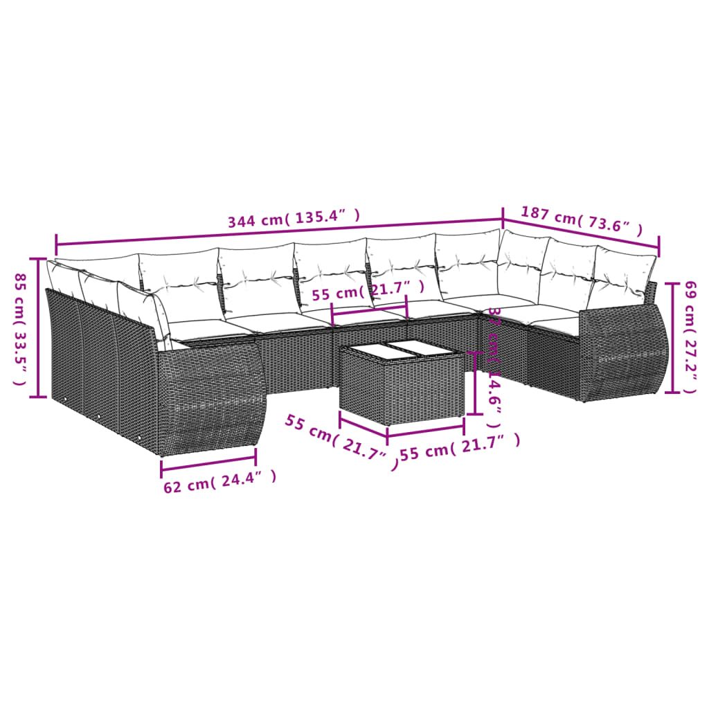 10-teiliges Gartensofa-Set mit Kissen, schwarzes Polyrattan