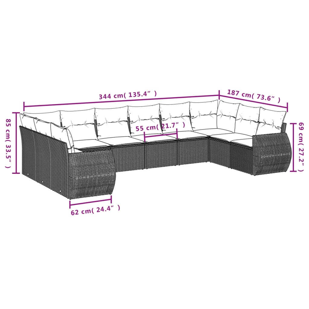 11-teiliges Gartensofa-Set mit Kissen, grau, Polyrattan