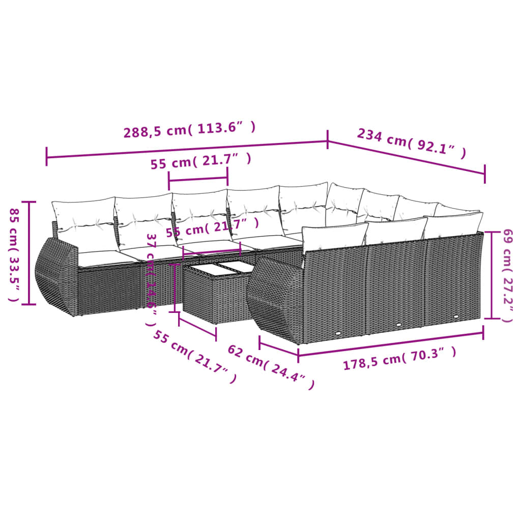 11-teiliges Gartensofa-Set mit Kissen, braun, Polyrattan