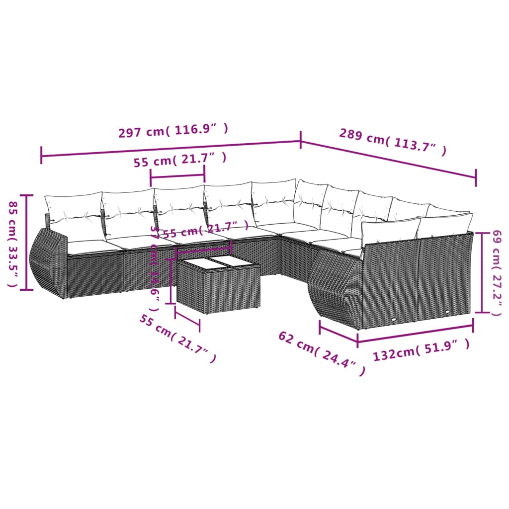 11-teiliges Gartensofa-Set mit Kissen, grau, Polyrattan