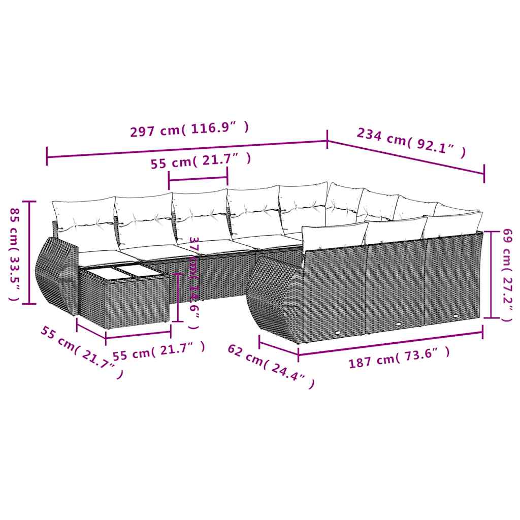 11-teiliges Gartensofa-Set mit Kissen, schwarzes Polyrattan